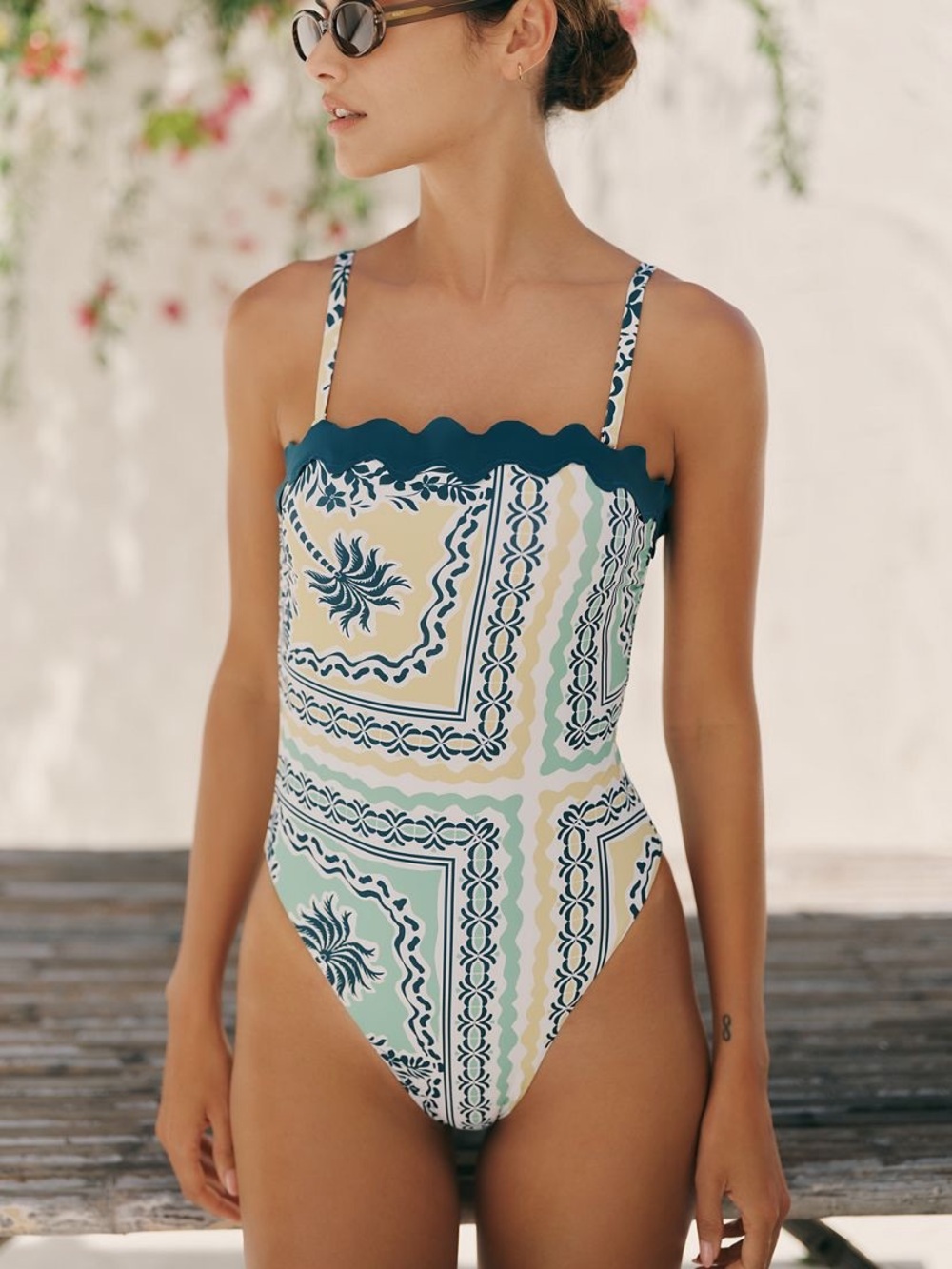 Anthropologie Yellow Green White Patterned One-Piece Swimsuit